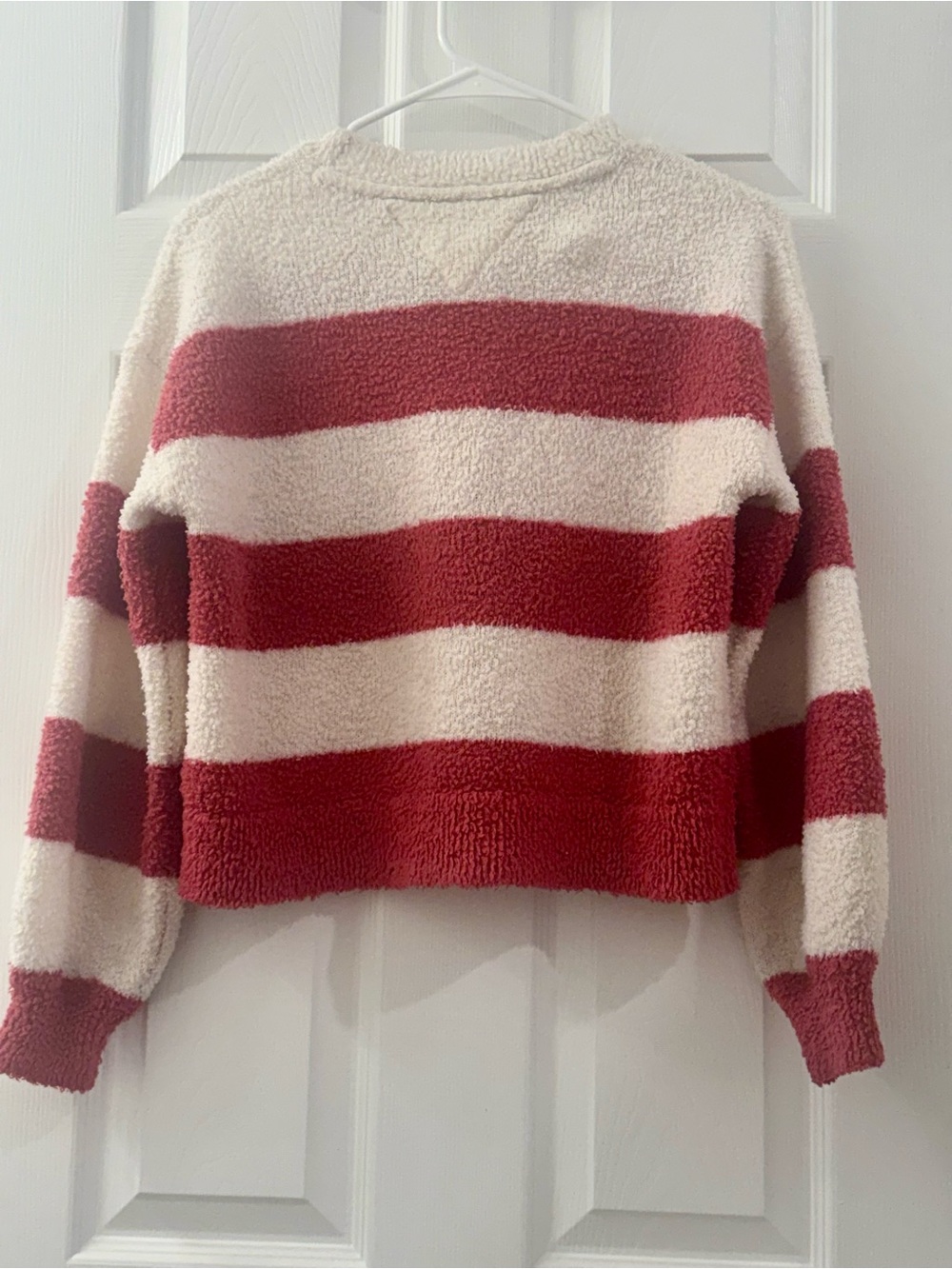 Tommy Hilfiger Cozy Pink & White Striped Fluffy Chenille Crewneck Sweater - Picture 2 of 3
